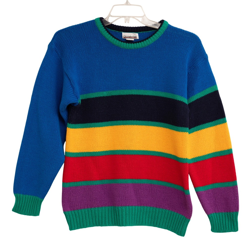 VTG 90s Colorblock Sweater Rainbow Striped Knit Sz L Y2K Eclectic Maximalist